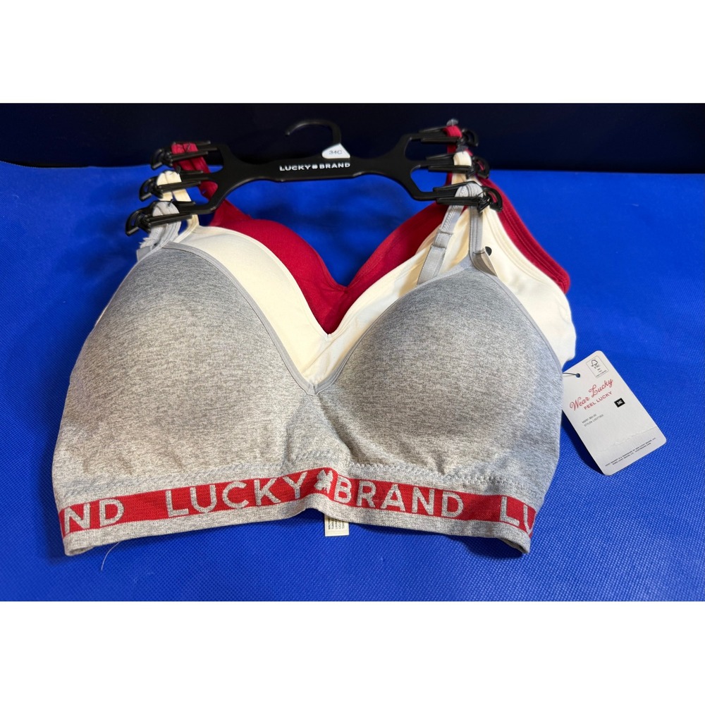 Lucky Brand 34C 3 Pack Wirefree Bra Comfort Lounge Everyday Black Red Ivory